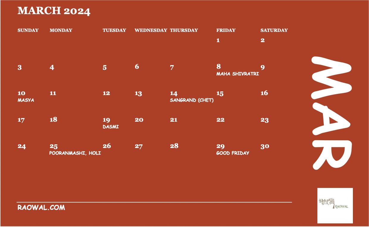 Raowal Monthly Events Calendar of Raowal Village, 2024 Monthly